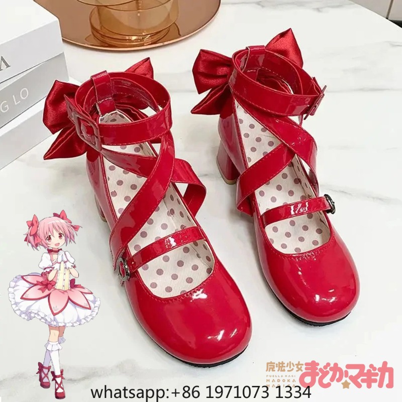 Cosplay Prop Bow - アニメ魔法少女まどか☆マギカ鹿目まどかコスプレ靴女の子ロリータ赤いリボンハイヒールレザーブーツハロウィン衣装小道具
